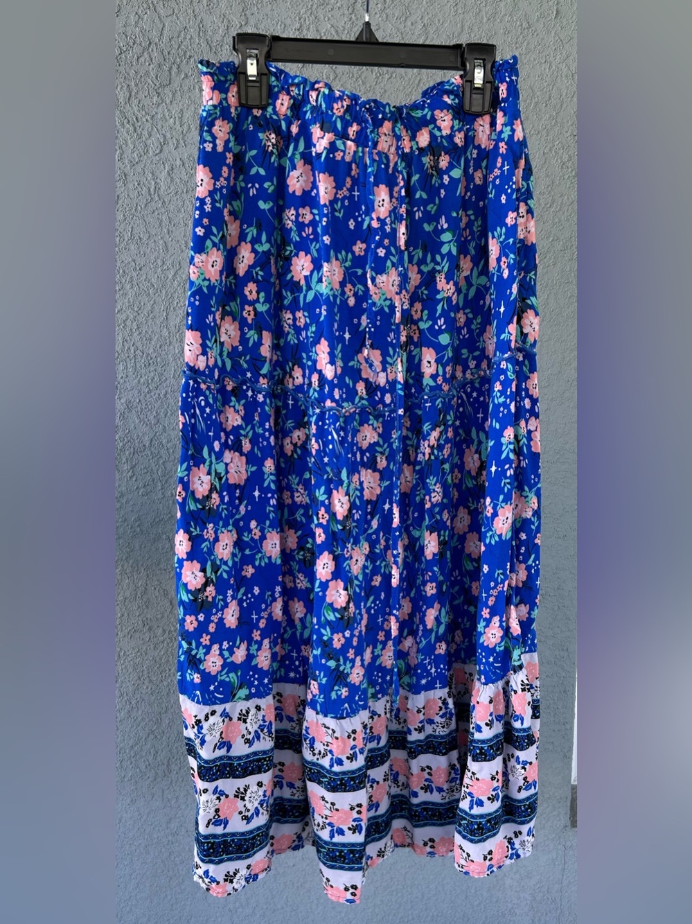 Merokeety Floral Boho Midi Skirt Elastic Waist Cottagecore Prairie Tiered Size L